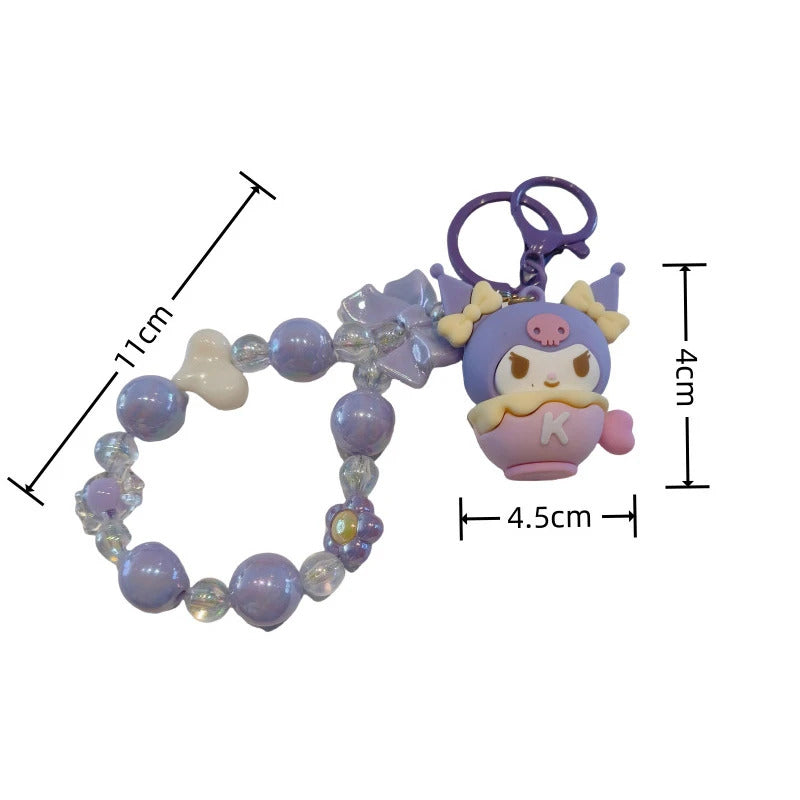 Sanrio Beaded Keychain Hello Kitty Cinnamoroll Kuromi Cute Cartoon Doll Pendant Phone Chain Keychains Bag Pendant Accessories
