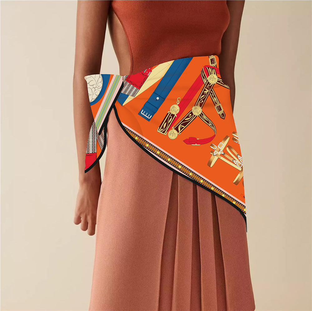 90cm Silk Scarf Women Belt Chain Design Square Scarf Head Echarpes Silk Foulards Femme Wraps Beach Shawls Bandana Lady Hijabs