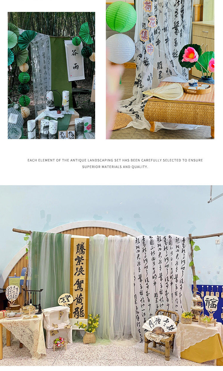 New Chinese Style Green Voile Kindergarten Environment Creation Ink Painting Ancient Style Classroom Ancient Style Scene Layout Background Wall Decoration