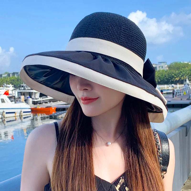Women Bucket Hats Summer Sun Hat Large Brim Neck Protection Sunshade Hats with Bow Fisherman Caps for Ladies