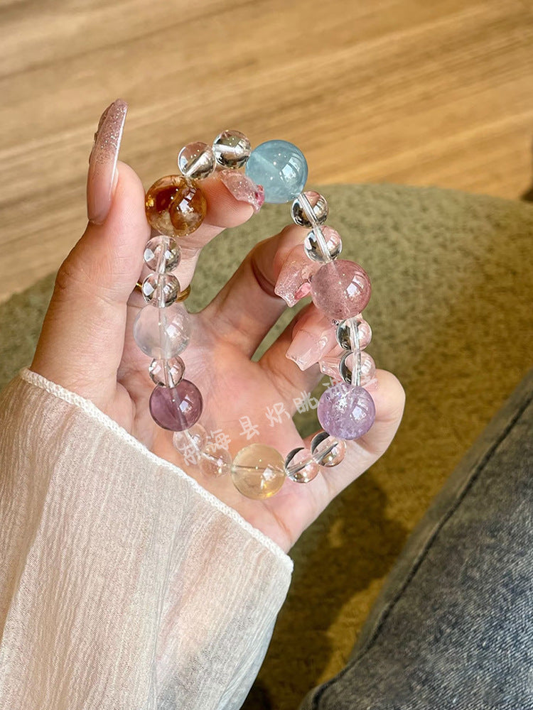 Natural Multi-Gem Energy Crystal White Crystal Yellow Rutilated Quartz Aquamarine Wealth-Attracting Bracelet Original Design Bracelet