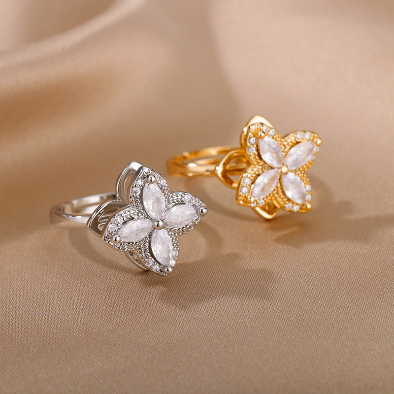 New Rotatable Zircon Flower Open Ring for Women, Unique Design Stress Relief Ring Wholesale