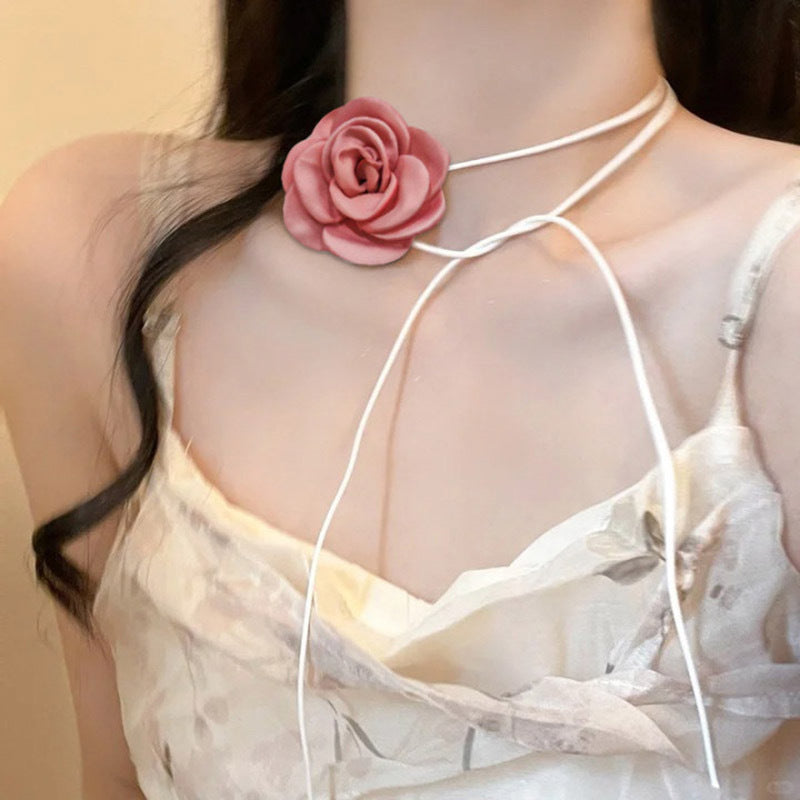 Black and White Flower Necklace Rose choker Neck Flower Neckband Necklace for Women Camellia Collarbone Chain