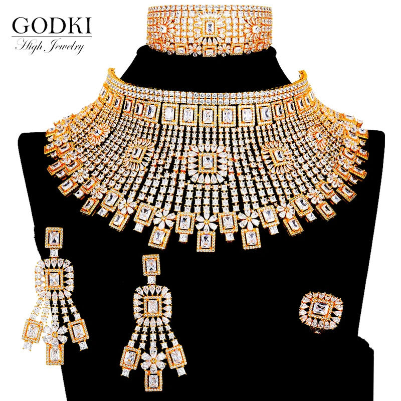 GODKI Luxury 4PCS Chokers Necklace Earring Sets Cubic Zirconia jewelry Sets for women Wedding Indian Bridal Jewelry Sets 2021