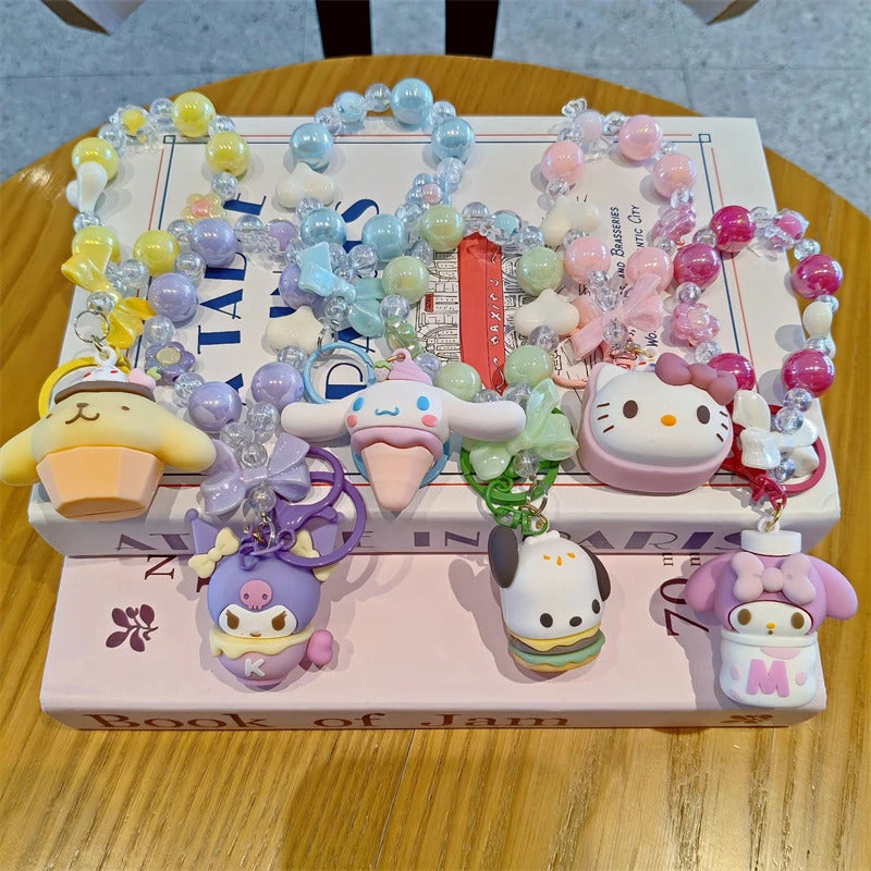 Sanrio Beaded Keychain Hello Kitty Cinnamoroll Kuromi Cute Cartoon Doll Pendant Phone Chain Keychains Bag Pendant Accessories