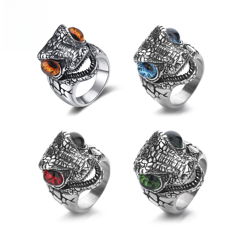 Titanium steel non-fading jewelry personalized fashion four-color dinosaur head ring men's light luxury non-fading high-level ring