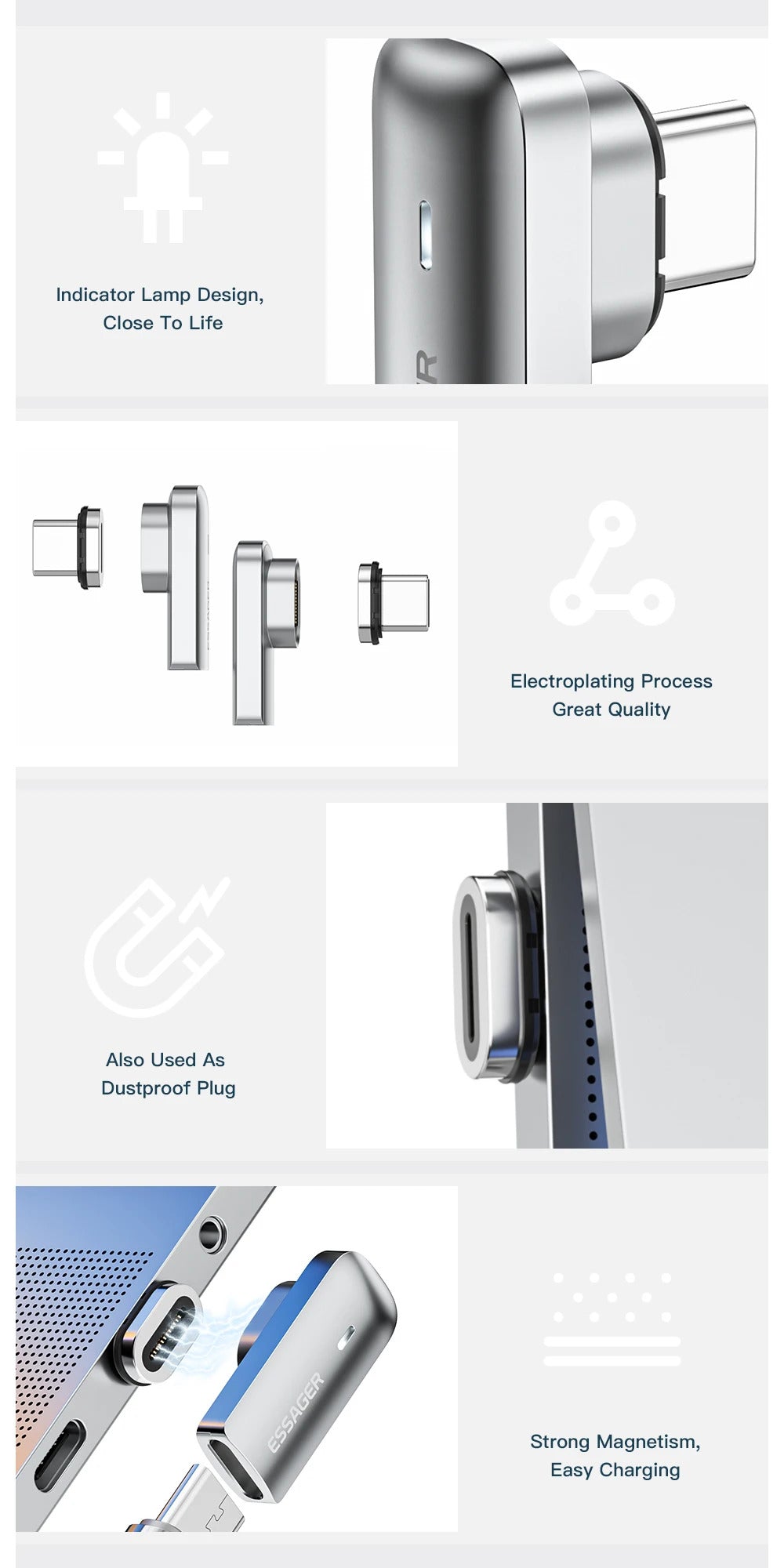 Essager PD 100W Magnetic USB C OTG Adapter Fast Charging Type C Magnet Connector 20Gbp Data Sync 4K@60Hz For Macbook Laptop