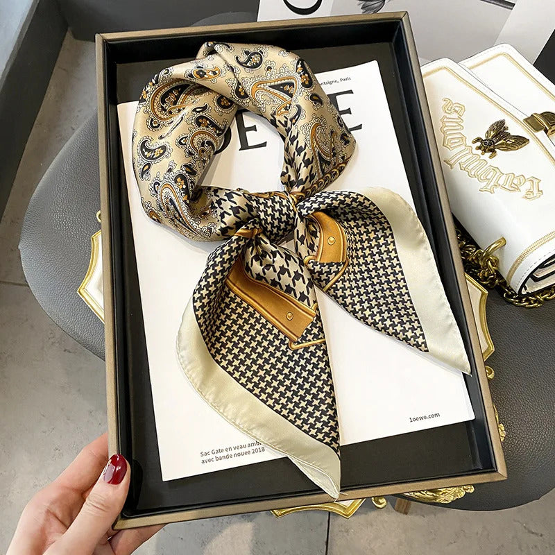 Luxury Women's Soft Satin Hair Scarves Fashion Square Printed Headscarf 70cm Professional Accessories Designer Scarf Headband