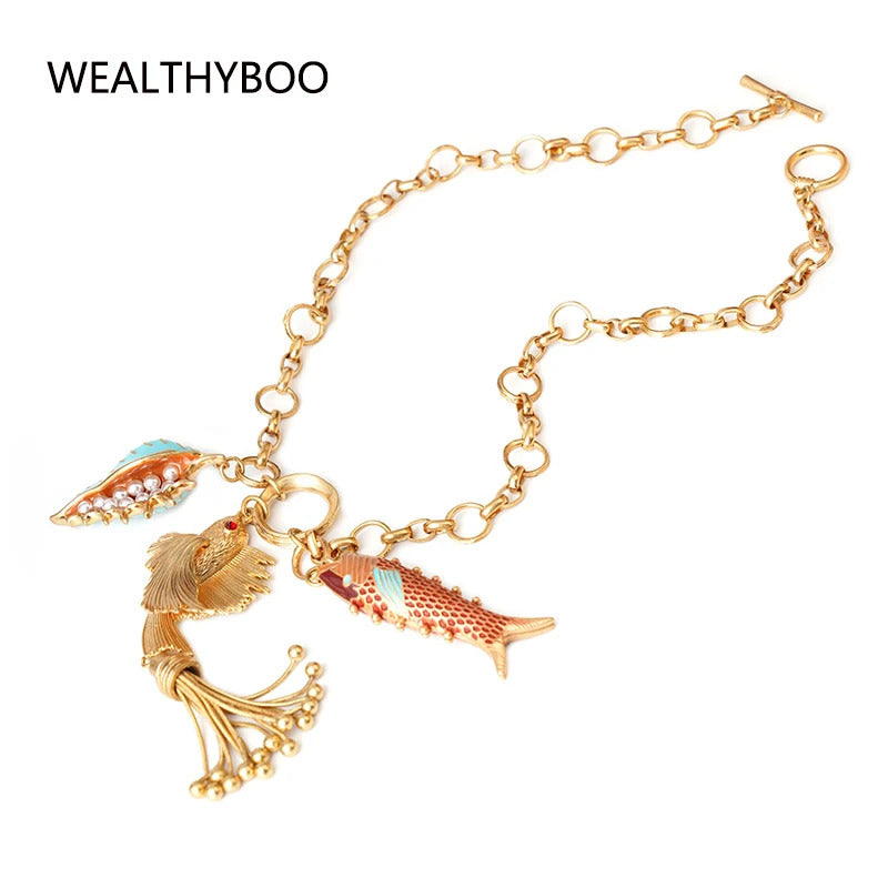 Cute Sea whale Necklace Pendant Chain Fish Fashion Jewelry Chic Mermaid Tassel Conch Dangle Choker Ocean Beauty Accessory