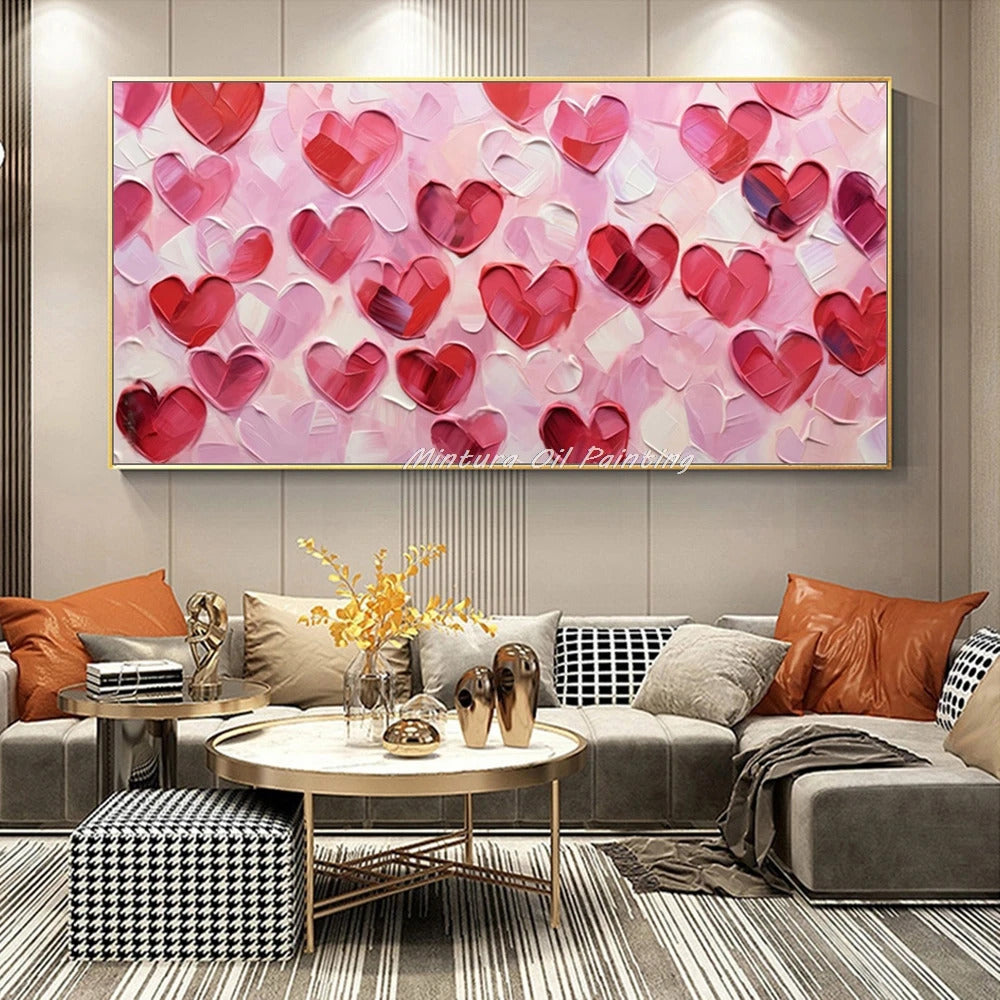 Mintura,100% Handmade Knife Graffiti Pink Red Heart Oil Painting on Canvas,Modern Abstract Wall Art Picture,Room Home Decoration