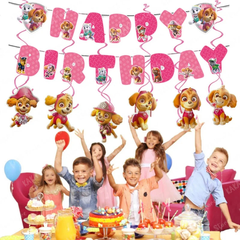 Skye Paw Patrol Birthday Decoration Pink Theme Paper Banner and 6 Hanging Swirls for Kids Girls Baby Shower Party Supplies Set
