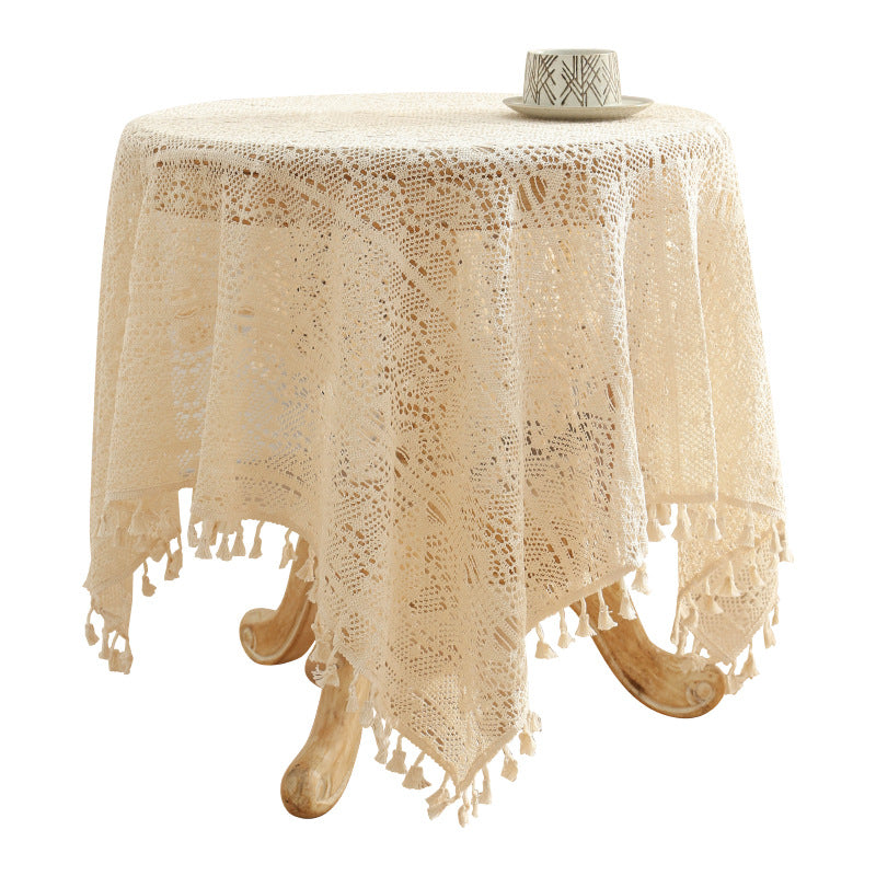 American Pastoral Cotton Woven Tablecloth Lace Hollow Crochet Tassel Dining Tablecloth French Cover Cloth Vintage Ins Tablecloth