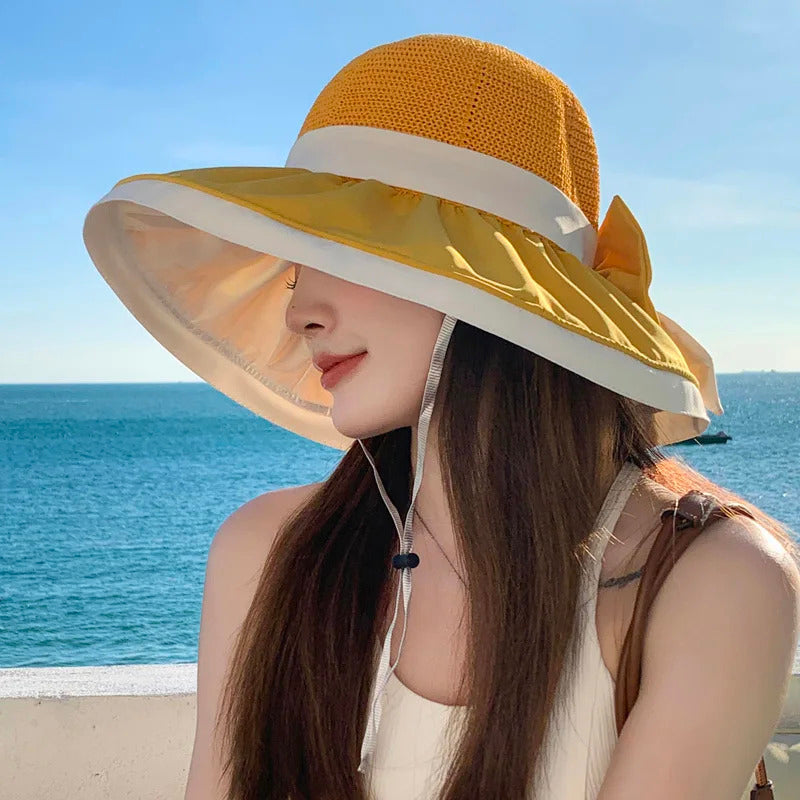 Women Bucket Hats Summer Sun Hat Large Brim Neck Protection Sunshade Hats with Bow Fisherman Caps for Ladies