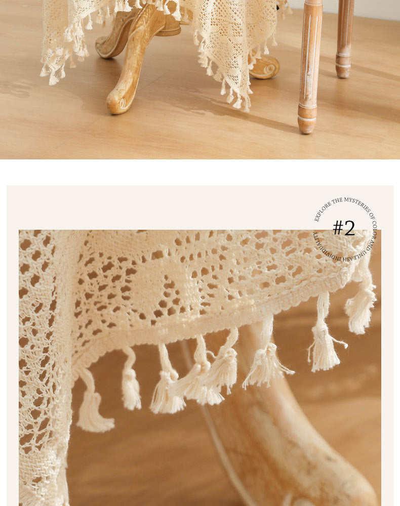 American Pastoral Cotton Woven Tablecloth Lace Hollow Crochet Tassel Dining Tablecloth French Cover Cloth Vintage Ins Tablecloth