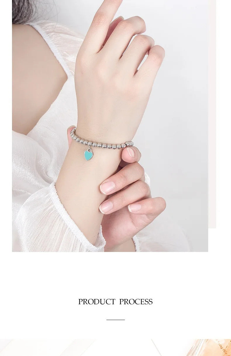 Designer 925 Silver Jewelry Necklace Woman Retro Heart-Shaped Enamel For Girls Cute Silver Bead Birthday Gift