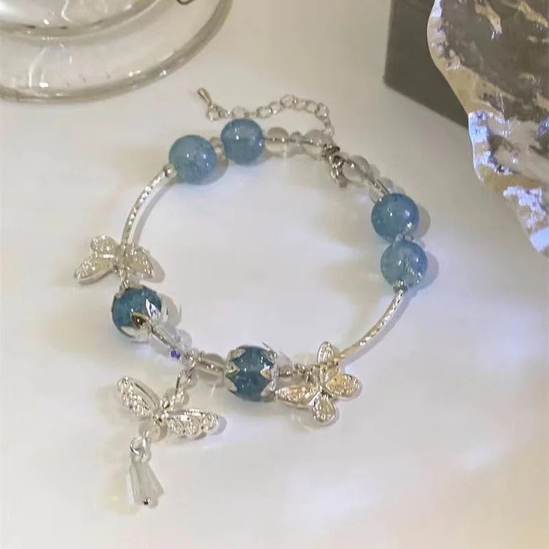 Light Luxury Purple Glass Crystal Beaded Bracelets for Women Chic Butterfly Tassel Pendant Bracelets Sweet Girl Wrist Jewelry