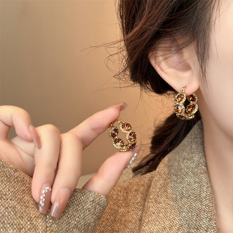 Brown Crystal Circle Ear Clip Women's Elegant Light Luxury Earrings High-Grade Earrings for Women