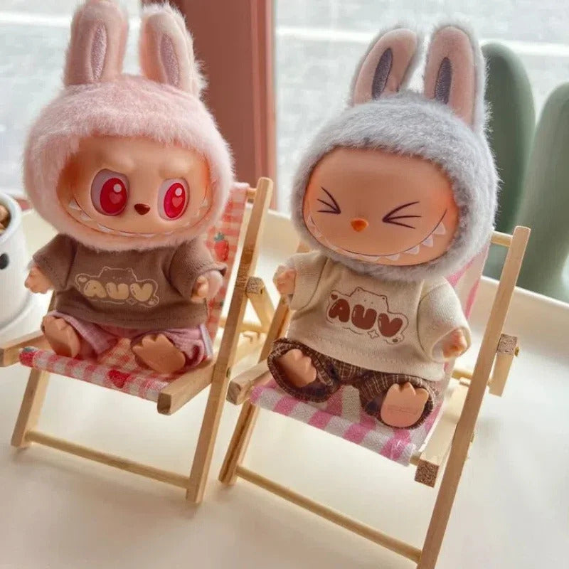Hot Labubu Wooden Beach Chair Mini Doll Folding Chair Toy Phone Stand Desktop Cute Creative Decoration Photo Props Idol Gifts