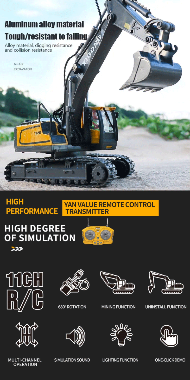 2.4G Remote Control Excavator Dump Truck RC Model Car Toy Professional Alloy Plastic Simulation Construction Vehicle for Kids