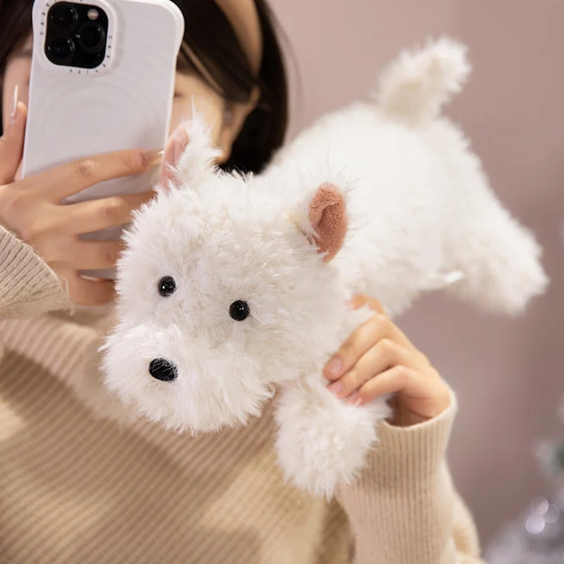 Kawaii Fluffy Hair West Highland Dog White Terrier Plushie Soft Puppy Plush Toy Stuffed Lifelike Animal Appease Doll Pillow