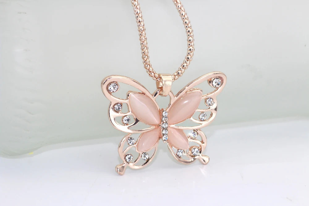 SUMENG 2024 New Necklace Choker Pendent Rose Gold Color Opal Butterfly Pendant Exquisite  Sweater Chain For Women Gifts