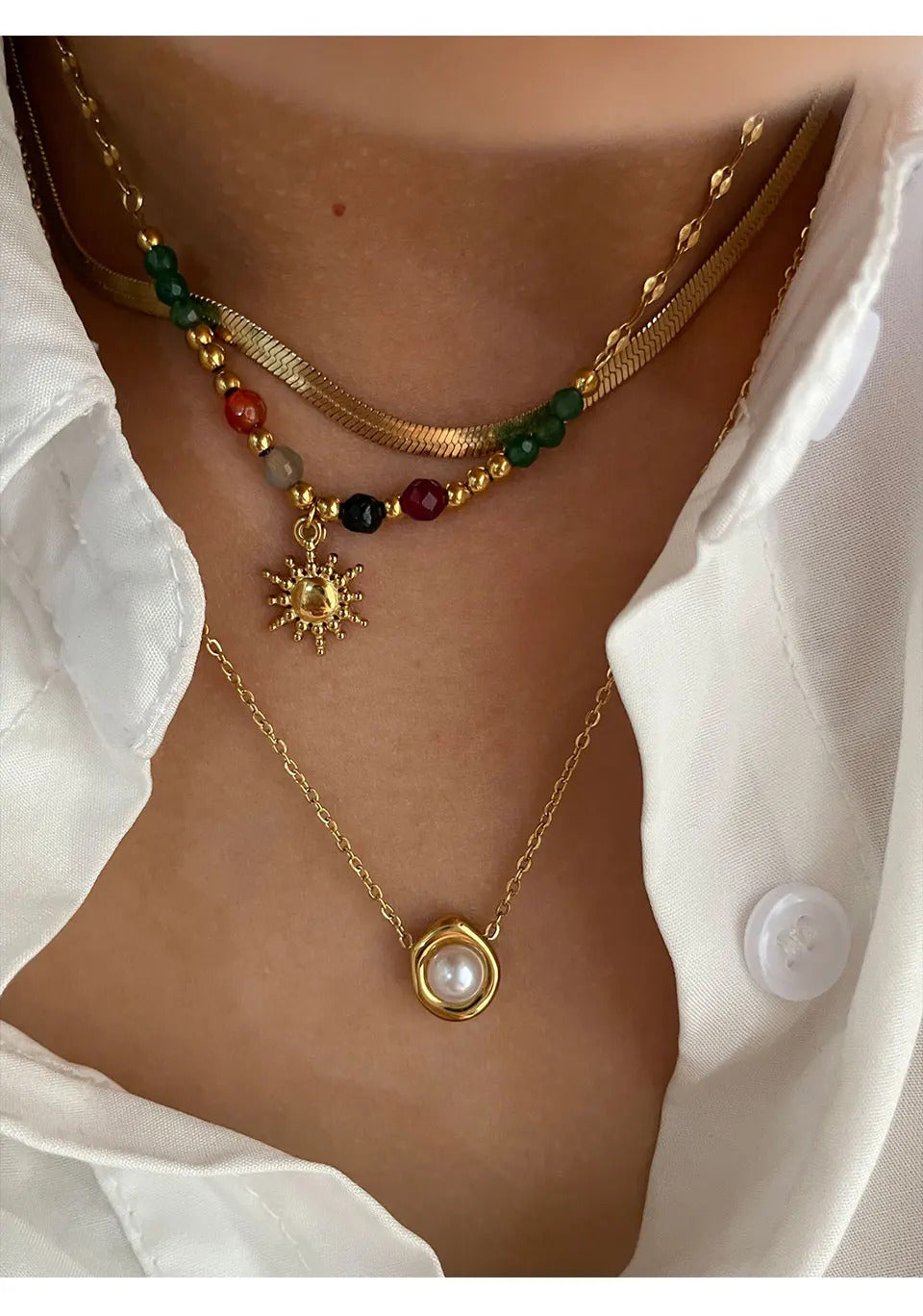 Peri'sbox Imitation Pearl Natural Stone Sunflower Pendant Necklace Women's Stainless Steel Flat Snake Chain Stackable Jewelry