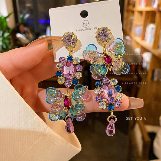 Silver Needle Asymmetric Diamond-Studded Circle Crystal Flower Earrings Palace Style Colorful Vintage Stud Earrings Design Sense Ear Jewelry for Women