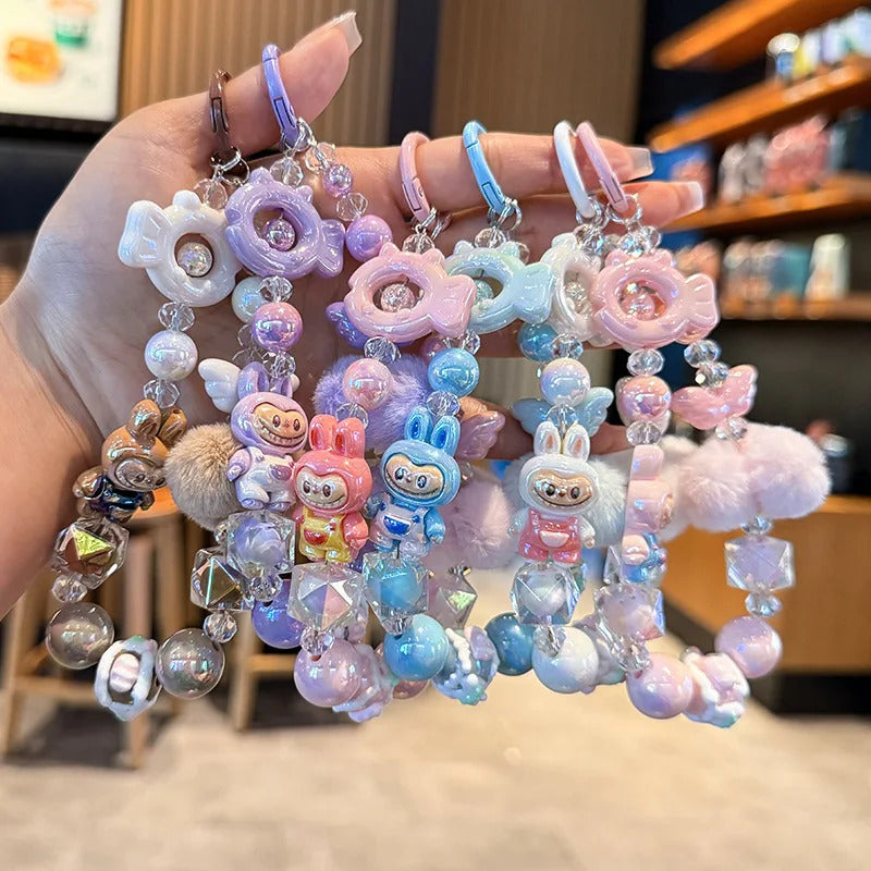 New Labubu wool ball bead Phone Chain Girls Kawaii Cartoon Backpack Pendant Cute Keychain Lanyard Bag Charm Mobile Case Gift