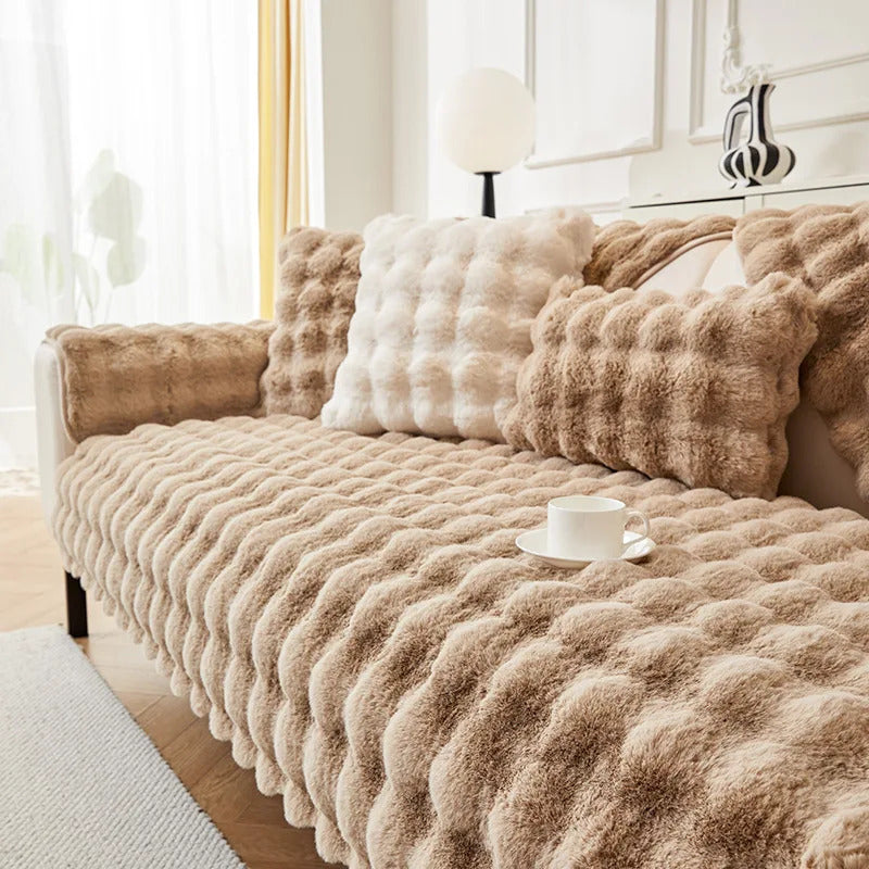 Rabbit Plush Sofa Cover Winter Thickening Warm Plush Cushions Non-Slip Living Room Leather Sofa Backrest Armrests Super Soft