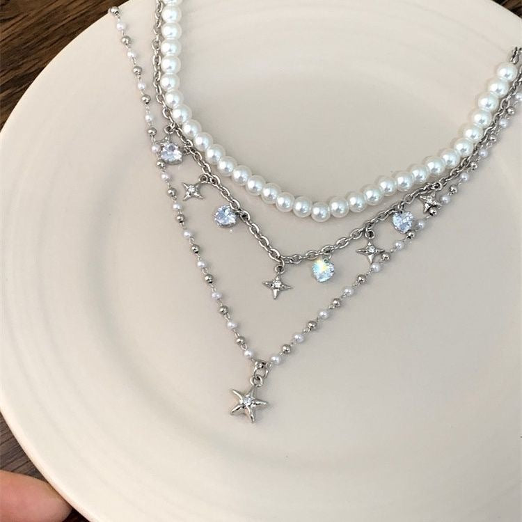 Iterative Five-pointed Star Pendant Pearl Necklace Cold Style Light Luxury Spice Clavicle Chain