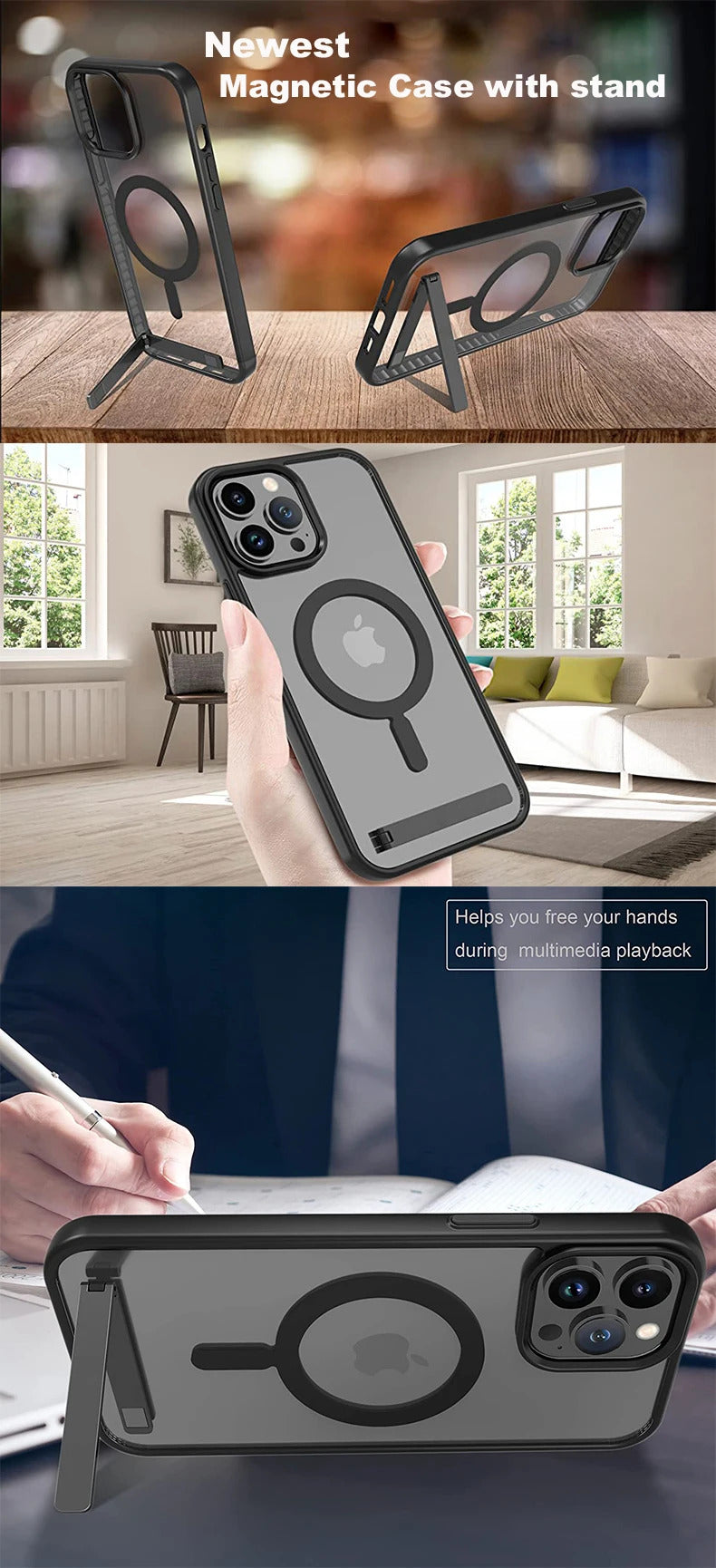 Magnetic Mobile Phone Case with Stand for iPhone 16 14 Plus 15 13 Pro Max 12 11 Cases Protective Apple Cover with Kickstand