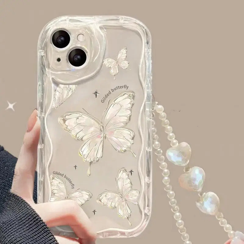 Fashion Butterfly Phone Case for Iphone 15 16 Pro Max 16e 11 12 13 14 Pro Max 16 Plus XR 13 Mini Cover with Heart Bracelet Chain