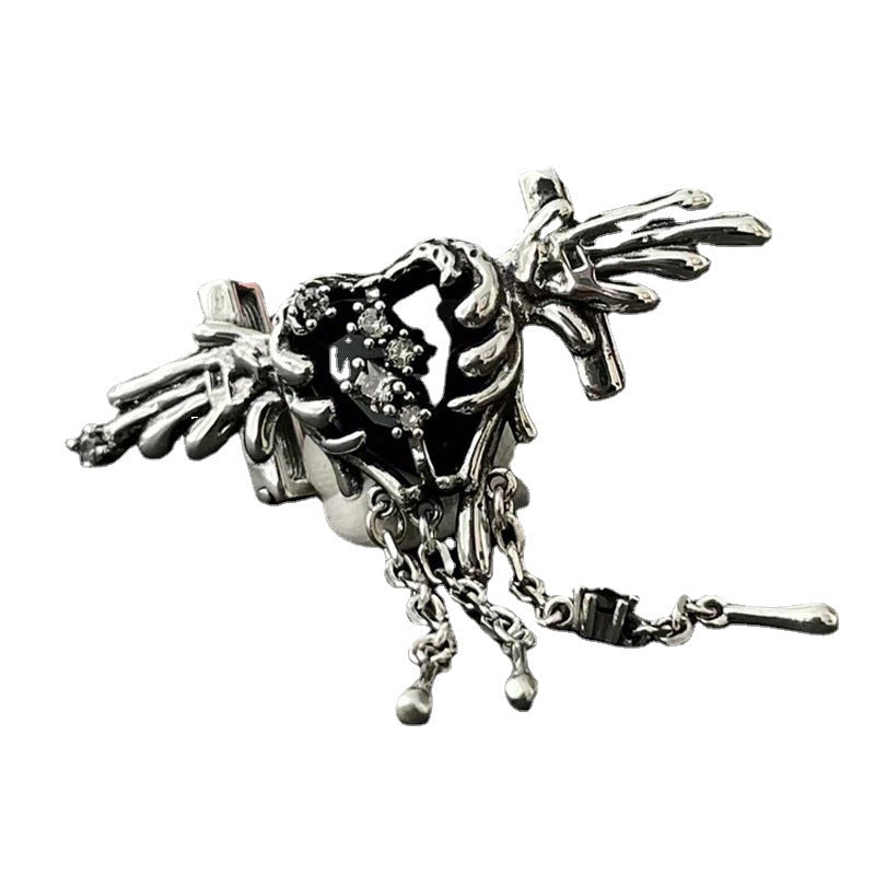 S925 Sterling Silver Dark Angel Black Zircon Wing Texture Tassel Necklace for Women High-end Design Sense Minimalist Style Collarbone Chain