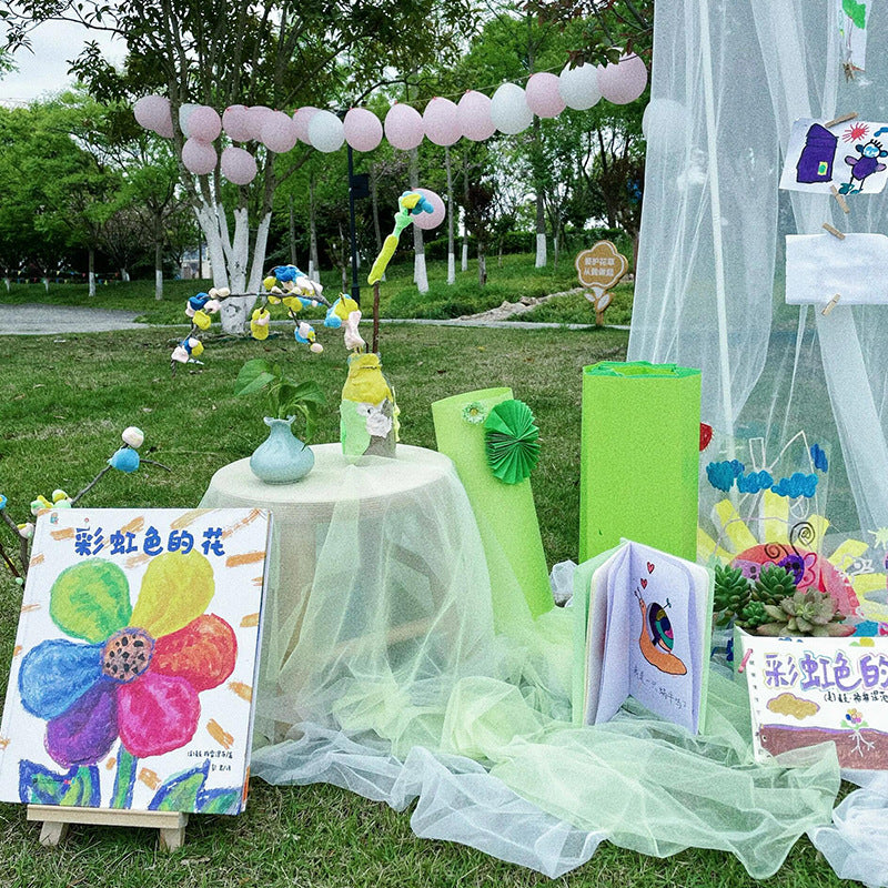 New Chinese Style Green Voile Kindergarten Environment Creation Ink Painting Ancient Style Classroom Ancient Style Scene Layout Background Wall Decoration