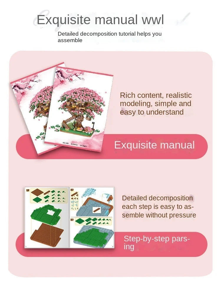 Mini Sakura Tree Building Blocks Set Diy Cherry Blossom Bricks with Light Treehouse Model Ornament Romantic Gift for Girlfriend