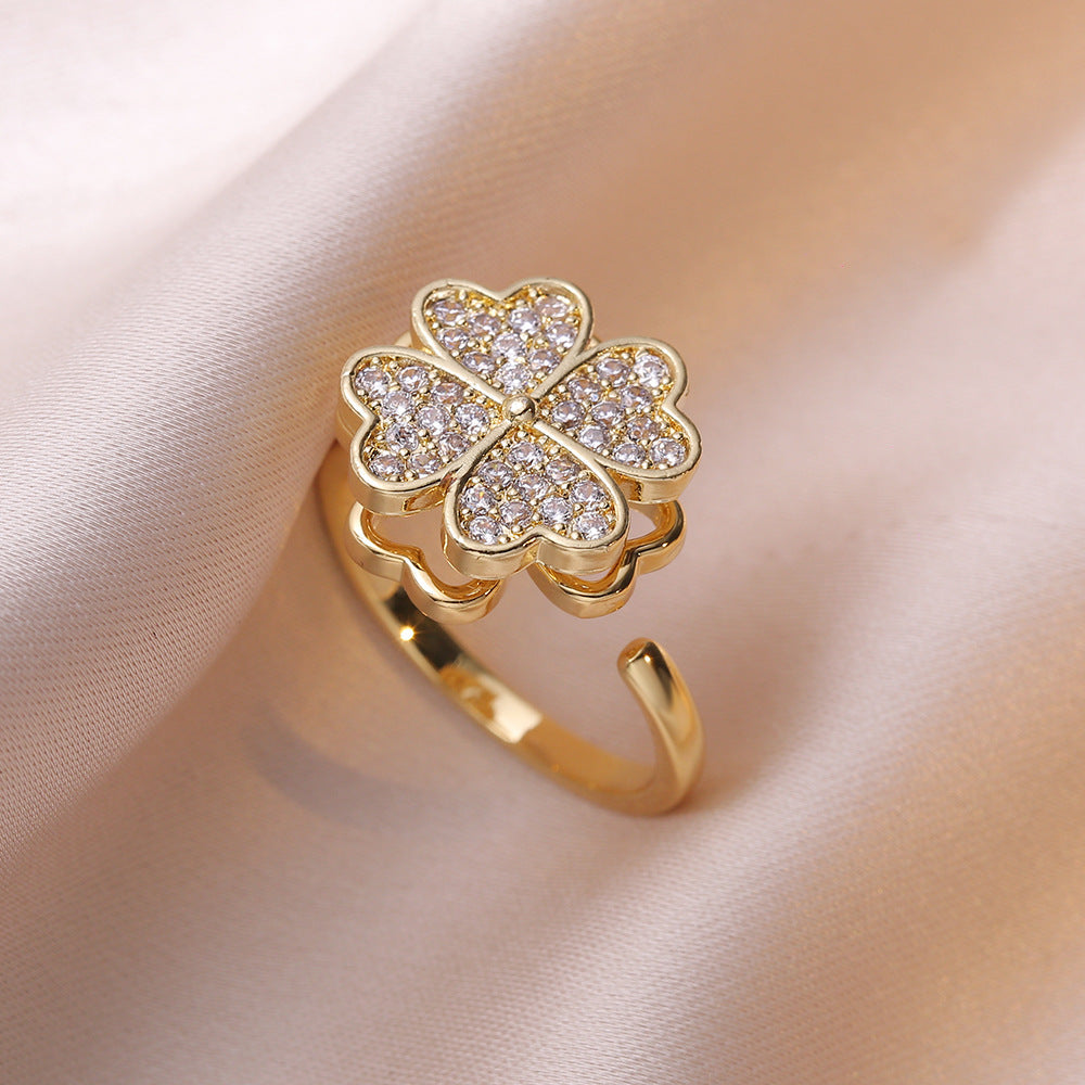 Rotating Ring for Women with Micro Paved Zircon, Elegant and Minimalist Style, Versatile Full Diamond Round Clover Ring Jewelry
