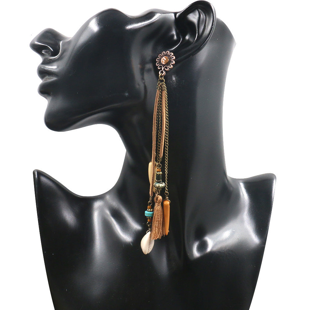 Earrings Bohemian Hair Long Tassel Shell Horn Sunflower Earrings