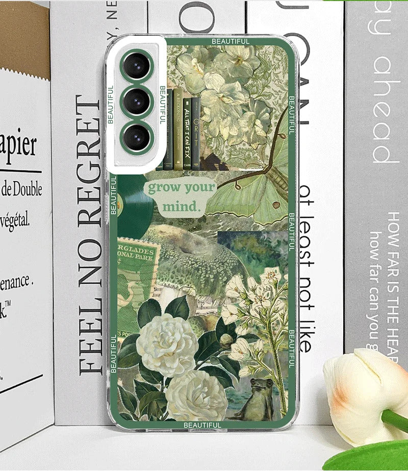 Cool Green Retro Flower Stickers Phone Case for Samsung Galaxy A55 A54 A53 A52 A51 A70 A22 A13 4G 5G Soft TPU Clear Cover Fundas
