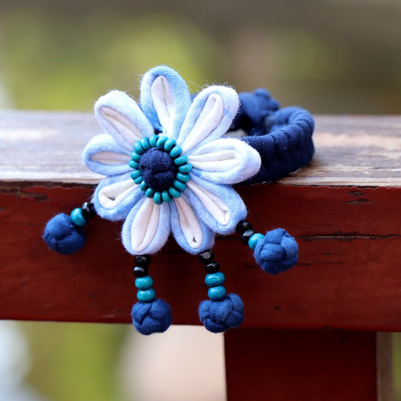 Blue Tie Dye Cloth Bracelet Dali Lijiang Hot Sale Hand-stitched Flower Fabric Bracelet Bracelet