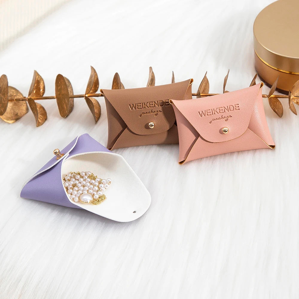 Custom Logo Embossed PU Leather 50/100pcs 5x7cm Gold Jewelry Bag Rings Earrings Necklaces Button Organizer Storage Gift Pouch