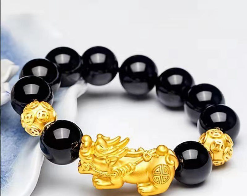 Brass Gold Plated Brave Bracelet Lucky Beads Agate Obsidian Sanskrit Bracelet Men's and Women's Bracelet