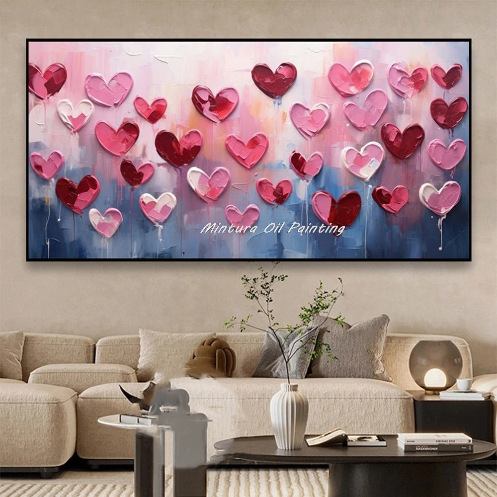 Mintura,100% Handmade Knife Graffiti Pink Red Heart Oil Painting on Canvas,Modern Abstract Wall Art Picture,Room Home Decoration
