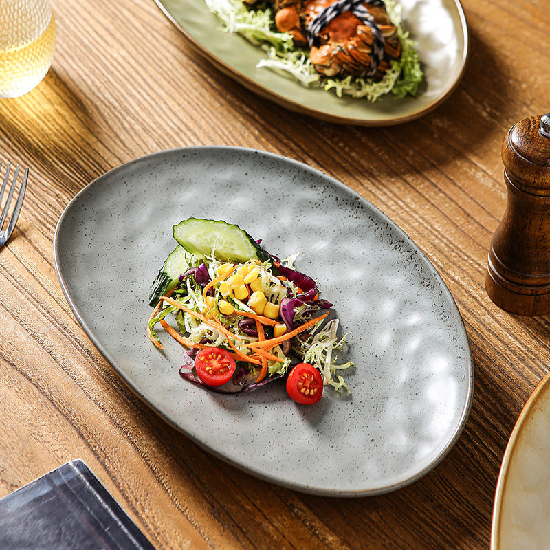 Vintage Coarse Pottery Oval Ceramic Long Plate Restaurant Home Large Capacity Personalized Fish Plate Sushi Pastry Dessert Display Plate