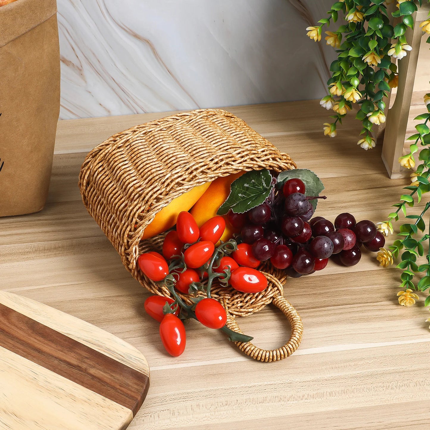Brown Storage Basket Large Space Woven Storage Basket Kitchen Hanging Vegetable Organizer Fruit Ginger Garlic Box