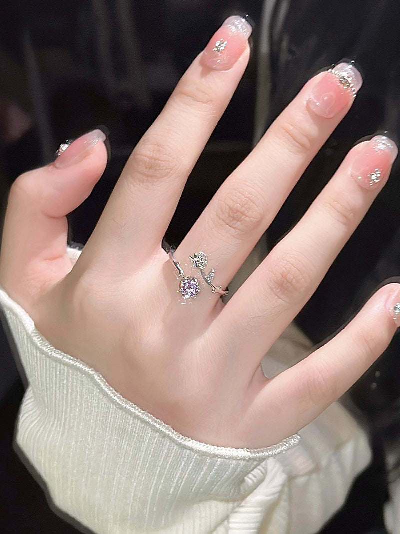 Pink Zirconium Rose Ring Female Mori Style Light Luxury Super Fairy Girl Flowers Openings Adjustable Ring