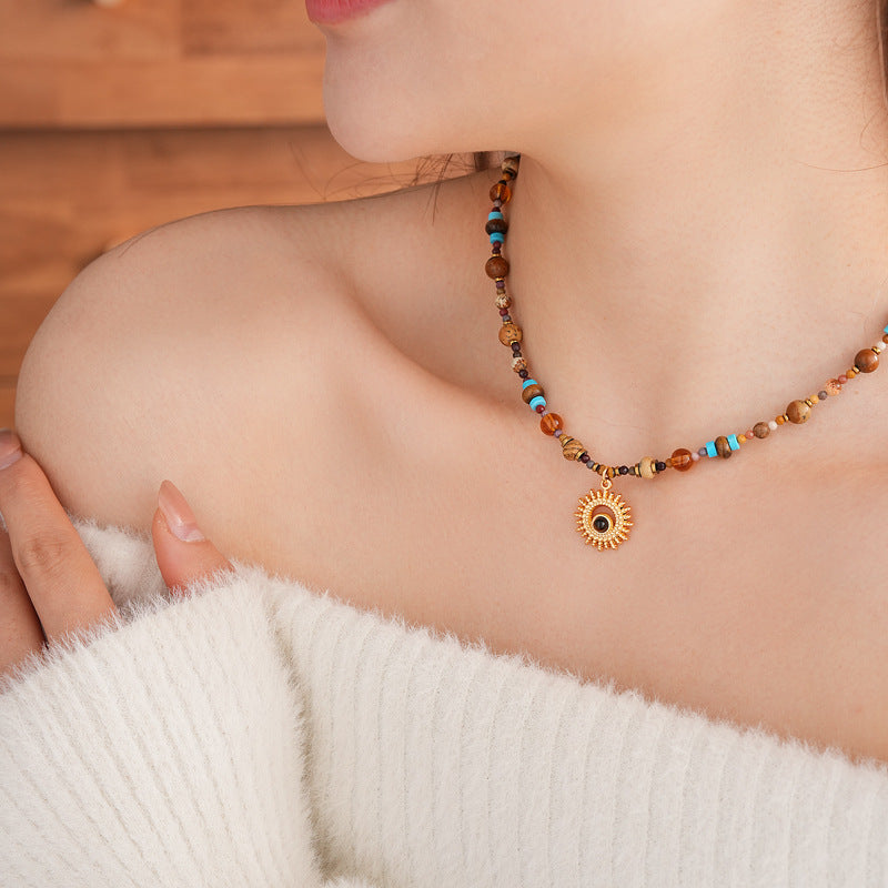 Titanium Steel Natural Stone Rice Bead Sun Necklace Retro Ethnic Style Niche Clavicle Chain Light Luxury High-end Fashion Jewelry