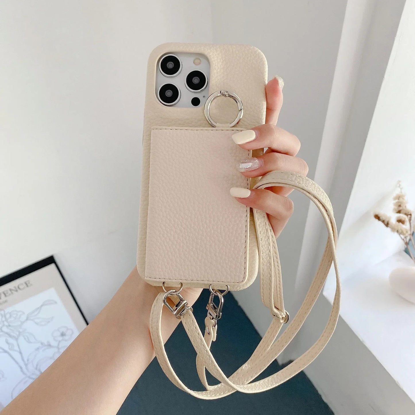Ring Holder Mirror Card Slot Case For iPhone 13 12 Mini 16E 16 15 14 11 Pro XS Max 8 Plus Crossbody Wallet Lanyard Leather Cover