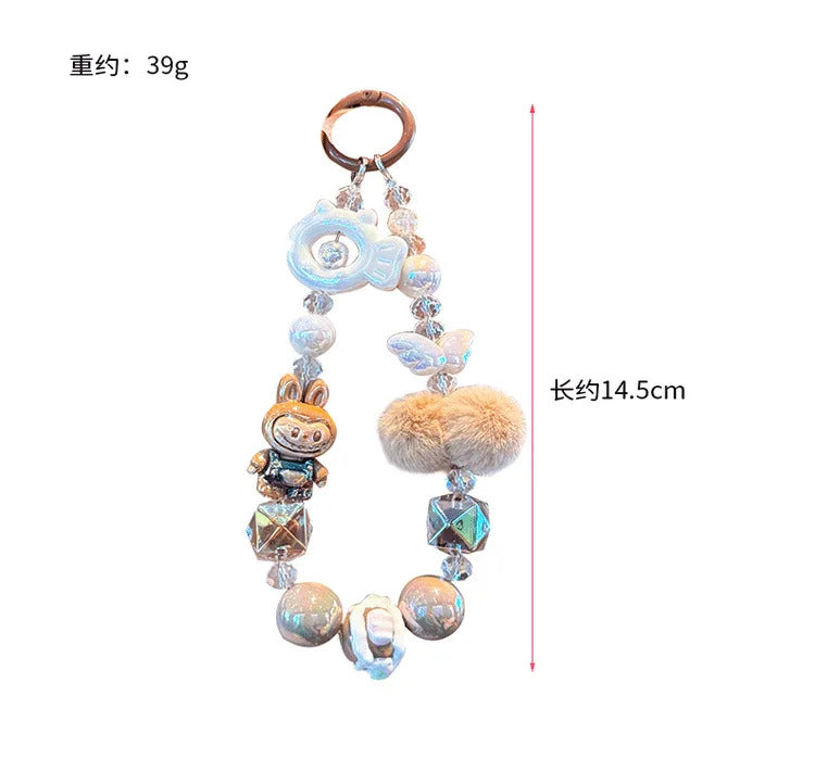 New Labubu wool ball bead Phone Chain Girls Kawaii Cartoon Backpack Pendant Cute Keychain Lanyard Bag Charm Mobile Case Gift