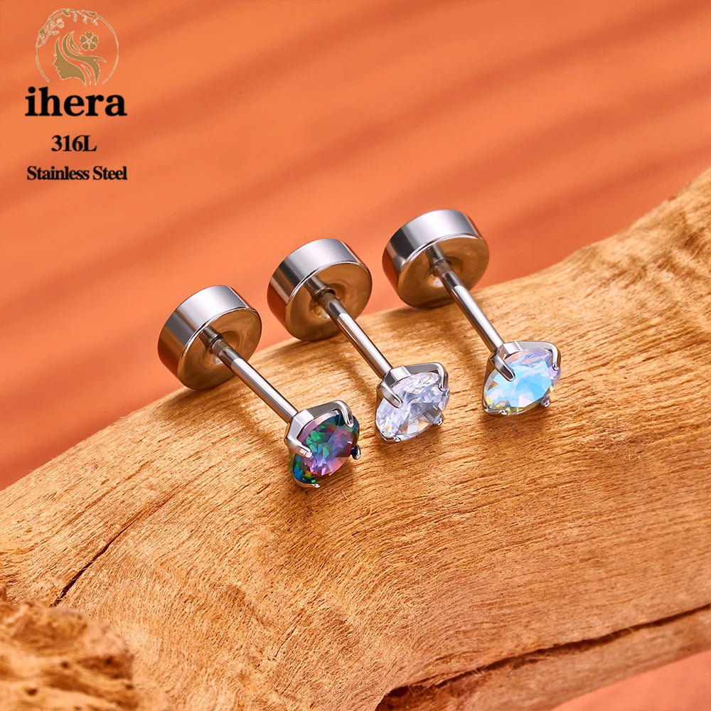 2/10PCS Stainless Steel 4 Prong Ear Studs Earrings Round Crystal Zircon Women Men Tragus Cartilage Piercing Fashion Jewelry