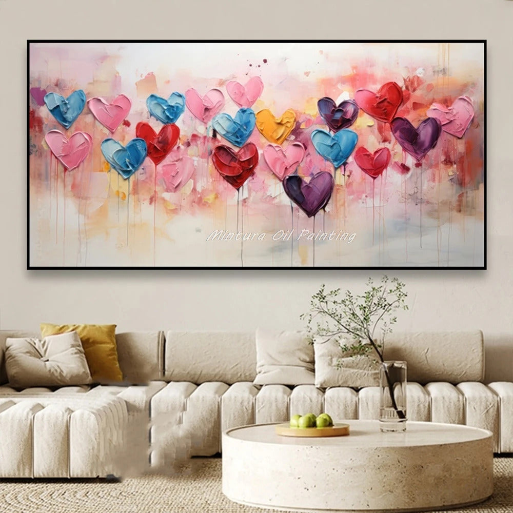 Mintura,100% Handmade Knife Graffiti Pink Red Heart Oil Painting on Canvas,Modern Abstract Wall Art Picture,Room Home Decoration